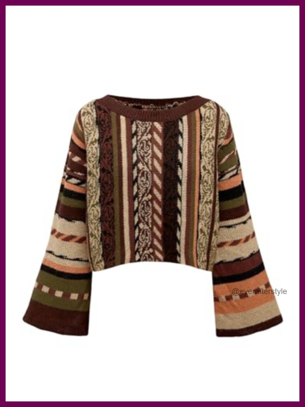 Bohemian Bell Sleeve Cropped Sweater, Hippie 70s Striped Tribal Pullover